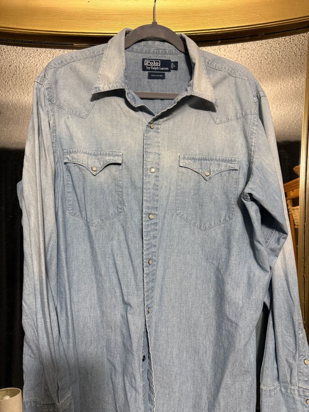 Rare Polo Ralph Lauren Light Wash Denim Western Button Up Pearl Snap Shirt